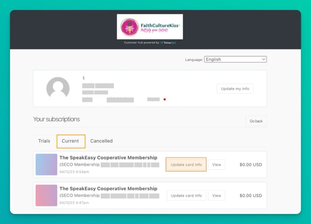 Thrivecart manage multiple subscriptions A screenshot demonstrating how to manage multiple subscriptions in the customer hub. Find the specific subscription you wish to change and click the 'Update card info' button directly next to it.